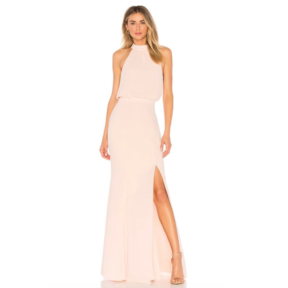 LIKELY Cameron Gown Size 2 Seashell Pink Maxi Dress Halter Neckline Side Slit